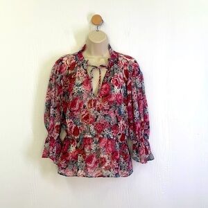 Zara - Red & Pink Floral See Thur Tie at Neck Blouse Size Small